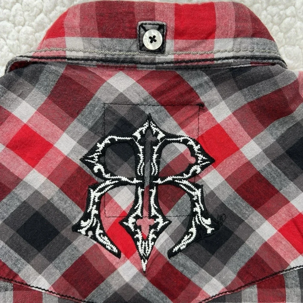 Roar‎ Buckle Button Up Shirt Mens Medium Red Black Plaid Y2K Western Embroidered
